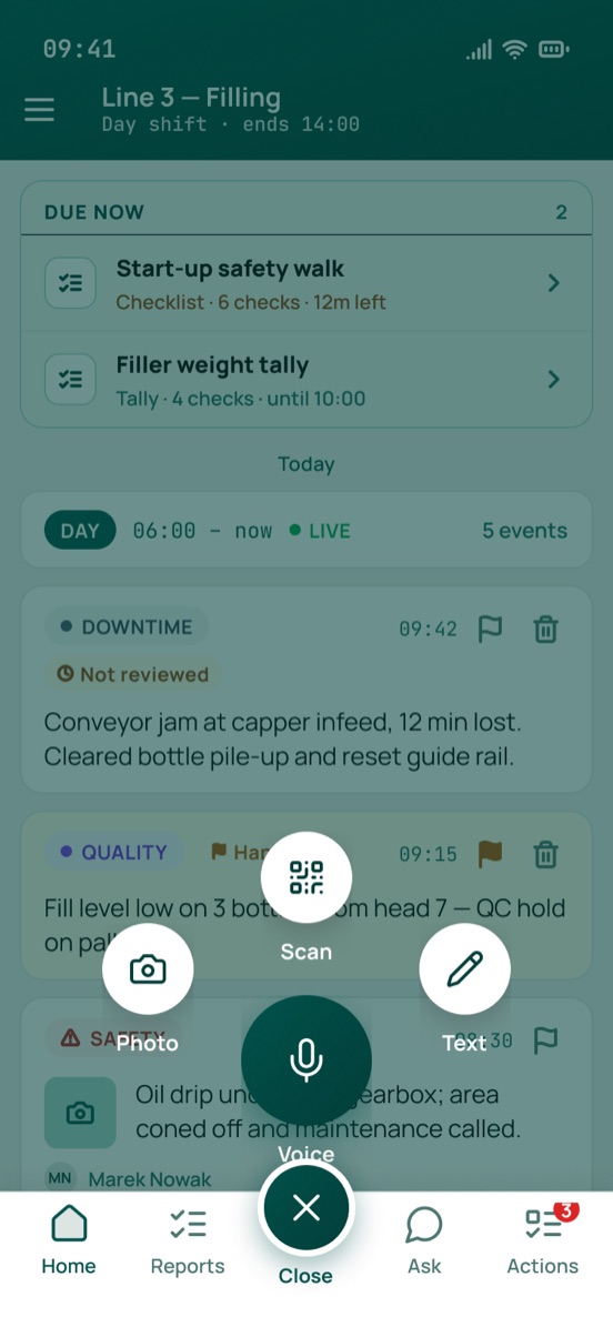 The Shopfloor AI home screen for Line 3, Filling, with the capture menu open: photo, scan, voice or text, over the shift's due checks and latest events.