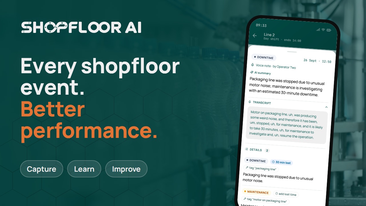 Shopfloor AI: every shopfloor event, better performance. The app on a phone shows a logged downtime event with its AI summary.